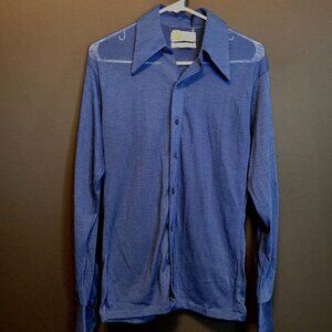 Vintage Polyester Button Up Leisure Shirt Dagger Collar Thin Fabric Navy 1970s